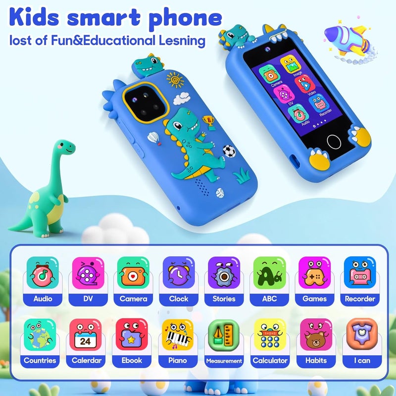 Covanm Kids Smart Phone, Christmas Birthday Gifts Dinosaur Child Play Phone for Boys 3-10, 2.8" Touchscreen HD Dual Camera Cell Phone for Kids,Travel Toy Preschool Learning Education Toy，32GB Card & Bag - Image 2